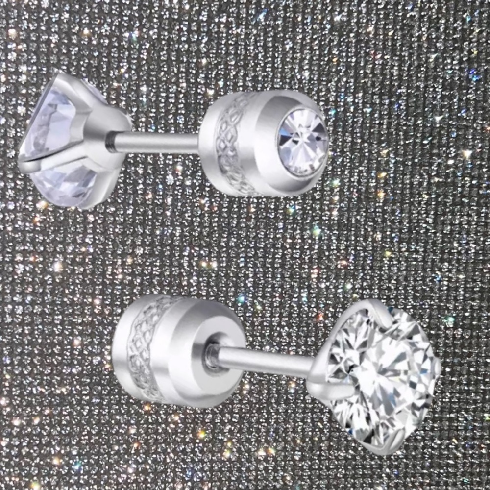 Diamond stud screw on earrings 6mm Hypoallergenic Cubic Zirconia Stainless steel - Picture 8 of 8